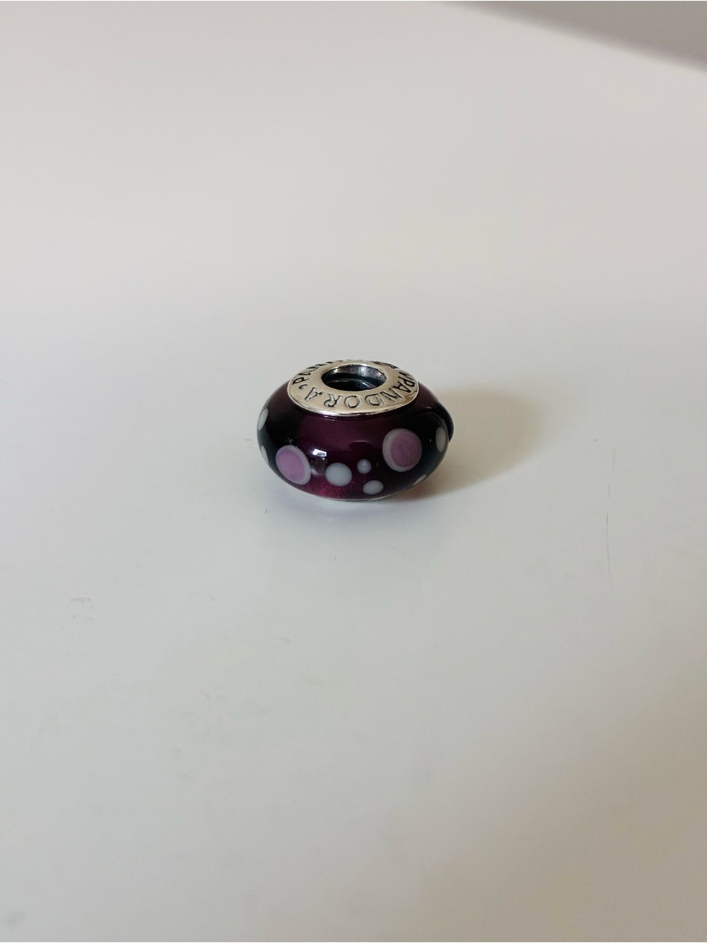 Pandora 925 Sterling Silver / Polka Dot Glass Bracelet Charm, Purple